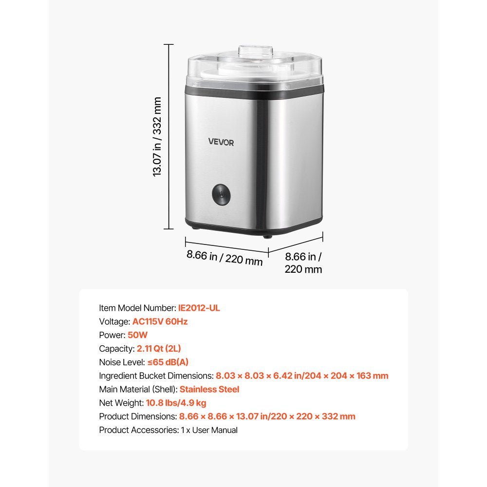 VEVOR Ice Cream Maker, 2.11 Qt. Large Capacity, Electric Automatic Ice-Cream Machine, with Easy Operation & Cleaning, Stainless Steel Shell, for Homemade Frozen Yogurt, Fruit Sorbet, Gelato, Silver