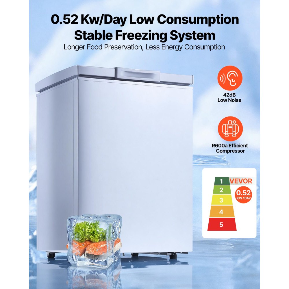 VEVOR Chest Freezer, 3.3 Cu.ft Compact Deep Freezer, Free Standing Top Open Door Chest Freezers with 2 Removable Baskets & Adjustable Thermostat - Energy Saving, Low Noise & Garage Ready, White