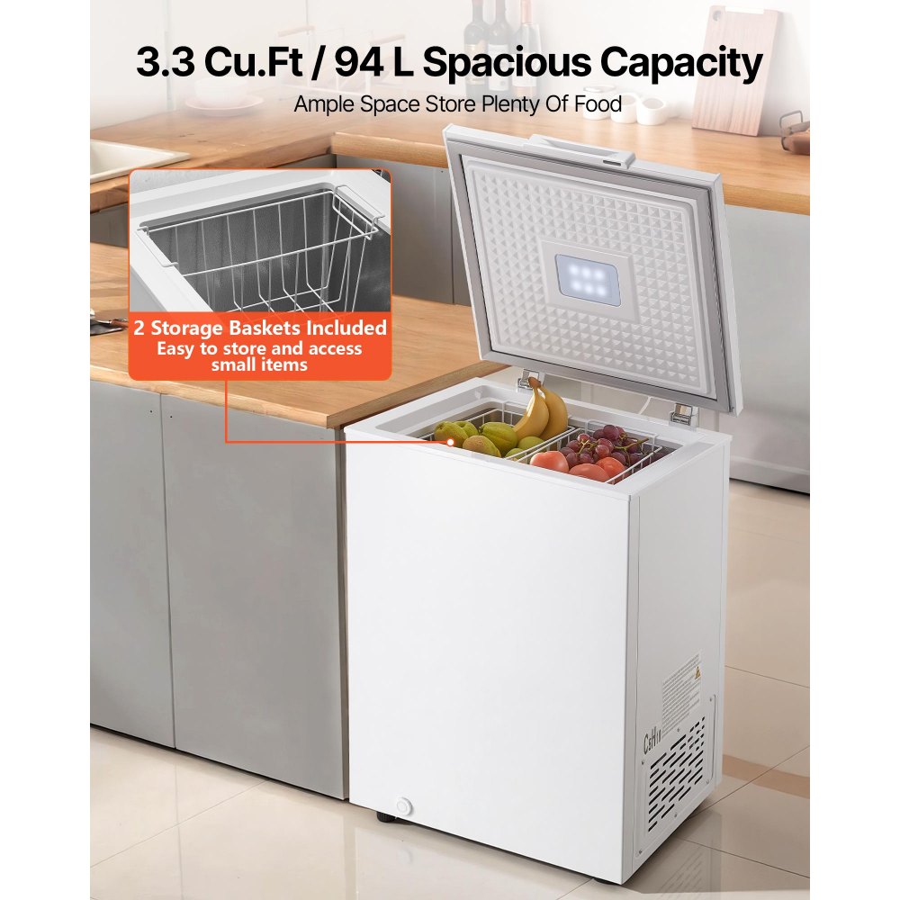 VEVOR Chest Freezer, 3.3 Cu.ft Compact Deep Freezer, Free Standing Top Open Door Chest Freezers with 2 Removable Baskets & Adjustable Thermostat - Energy Saving, Low Noise & Garage Ready, White