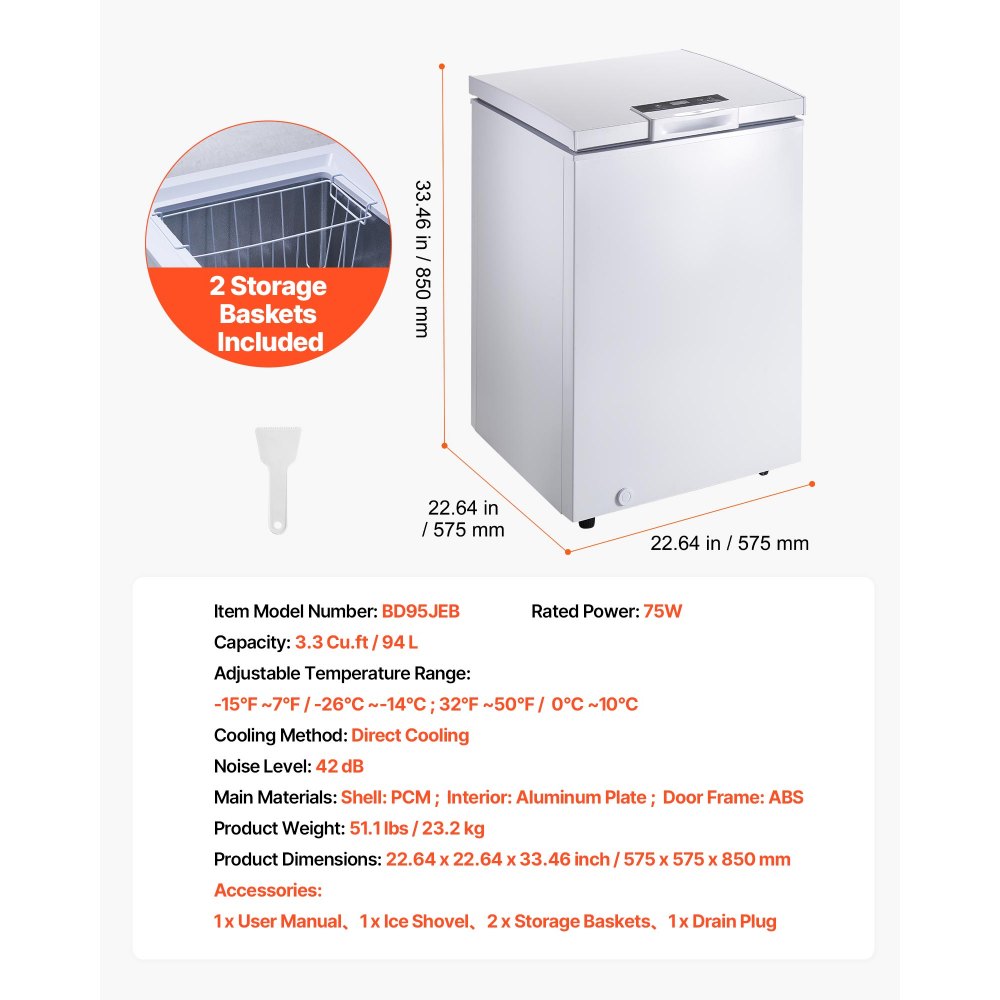 VEVOR Chest Freezer, 3.3 Cu.ft Compact Deep Freezer, Free Standing Top Open Door Chest Freezers with 2 Removable Baskets & Adjustable Thermostat - Energy Saving, Low Noise & Garage Ready, White