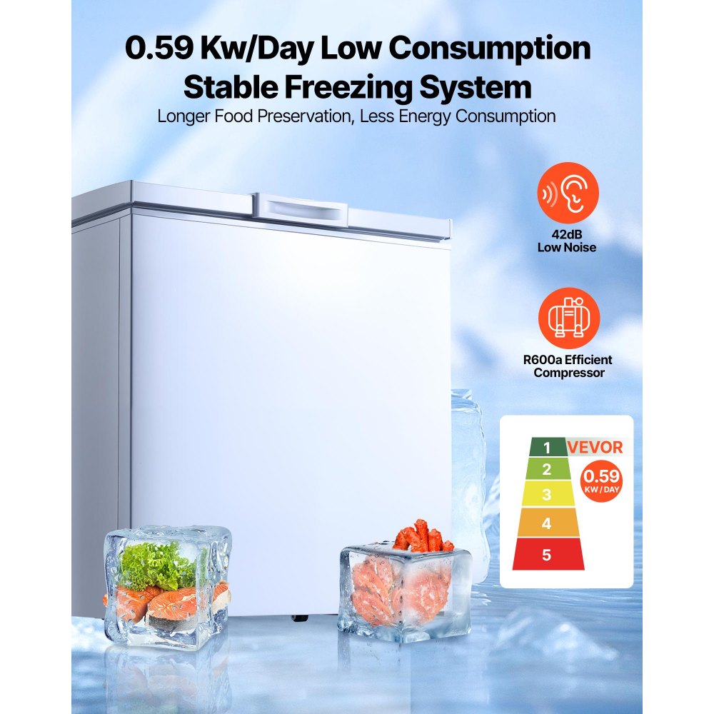 VEVOR Chest Freezer, 5 Cu.ft Compact Deep Freezer, Free Standing Top Open Door Chest Freezers with 2 Removable Baskets & Adjustable Thermostat - Energy Saving, Low Noise & Garage Ready, White