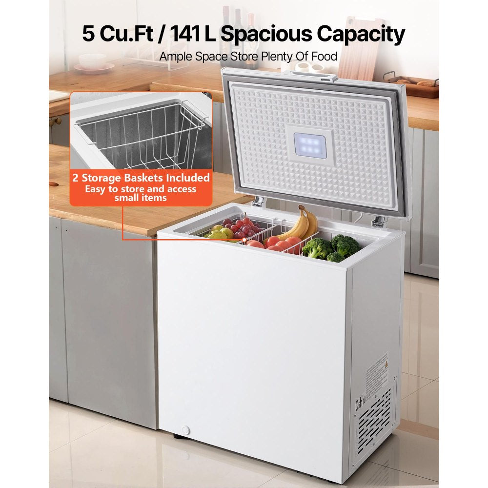 VEVOR Chest Freezer, 5 Cu.ft Compact Deep Freezer, Free Standing Top Open Door Chest Freezers with 2 Removable Baskets & Adjustable Thermostat - Energy Saving, Low Noise & Garage Ready, White