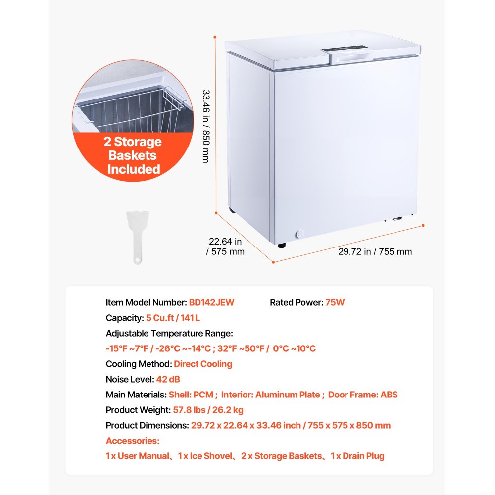 VEVOR Chest Freezer, 5 Cu.ft Compact Deep Freezer, Free Standing Top Open Door Chest Freezers with 2 Removable Baskets & Adjustable Thermostat - Energy Saving, Low Noise & Garage Ready, White