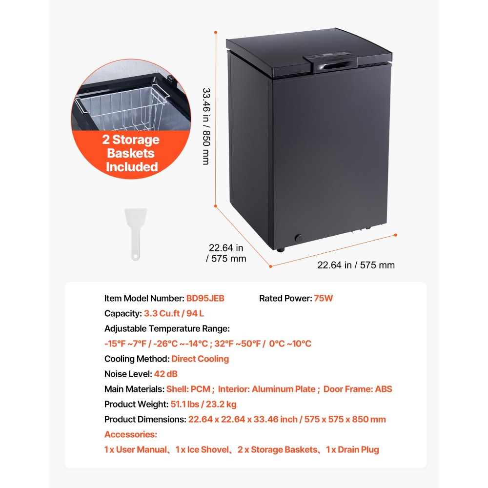 VEVOR Chest Freezer, 3.3 Cu.ft Compact Deep Freezer, Free Standing Top Open Door Chest Freezers with 2 Removable Baskets & Adjustable Thermostat - Energy Saving, Low Noise & Garage Ready, Black