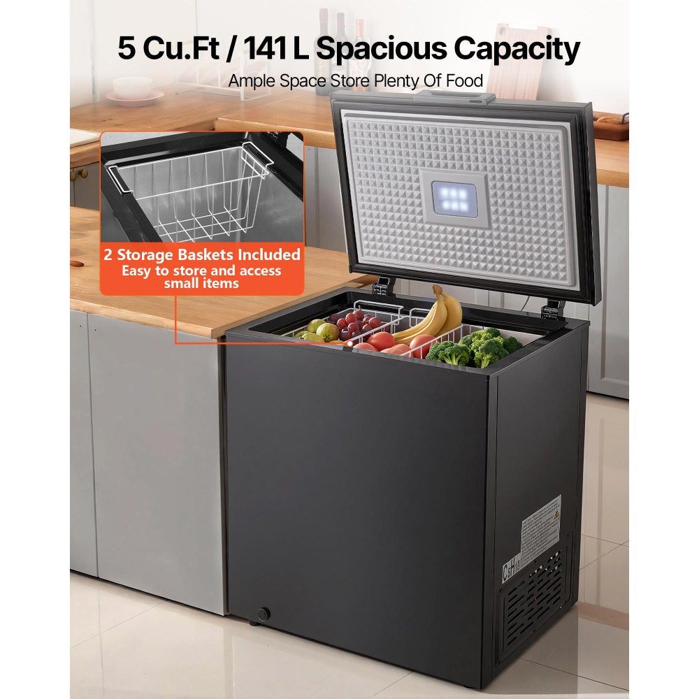 VEVOR Chest Freezer, 5 Cu.ft Compact Deep Freezer, Free Standing Top Open Door Chest Freezers with 2 Removable Baskets & Adjustable Thermostat - Energy Saving, Low Noise & Garage Ready, Black