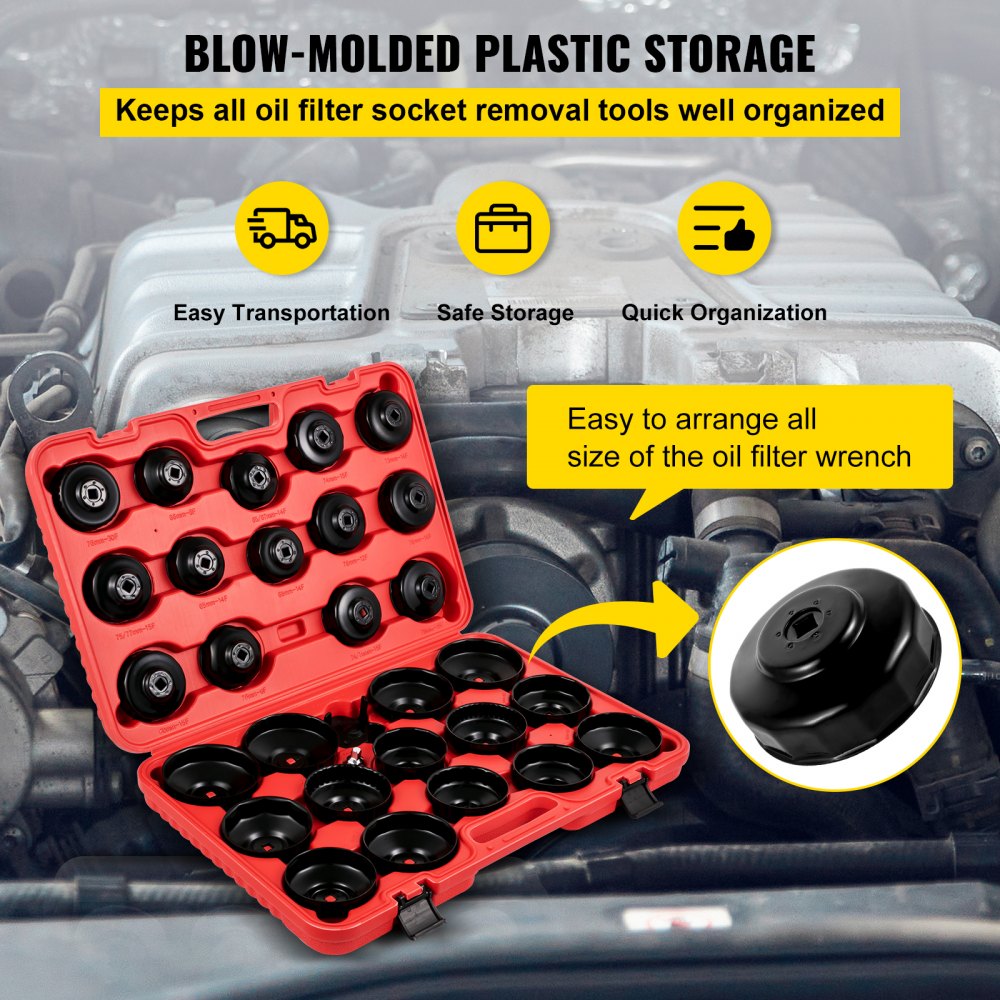 VEVOR Oil Filter Socket Set, 30 Pcs Oil Filter Wrench Set, Sturdy Steel Oil Filter Socket, 3/8\" Oil Filter Socket, Low Profile Oil Filter Socket Set For Easy Access, Oil Filter Wrench Cap Set with Ca