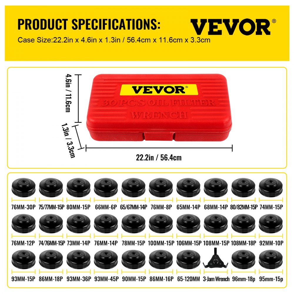VEVOR Oil Filter Socket Set, 30 Pcs Oil Filter Wrench Set, Sturdy Steel Oil Filter Socket, 3/8\" Oil Filter Socket, Low Profile Oil Filter Socket Set For Easy Access, Oil Filter Wrench Cap Set with Ca