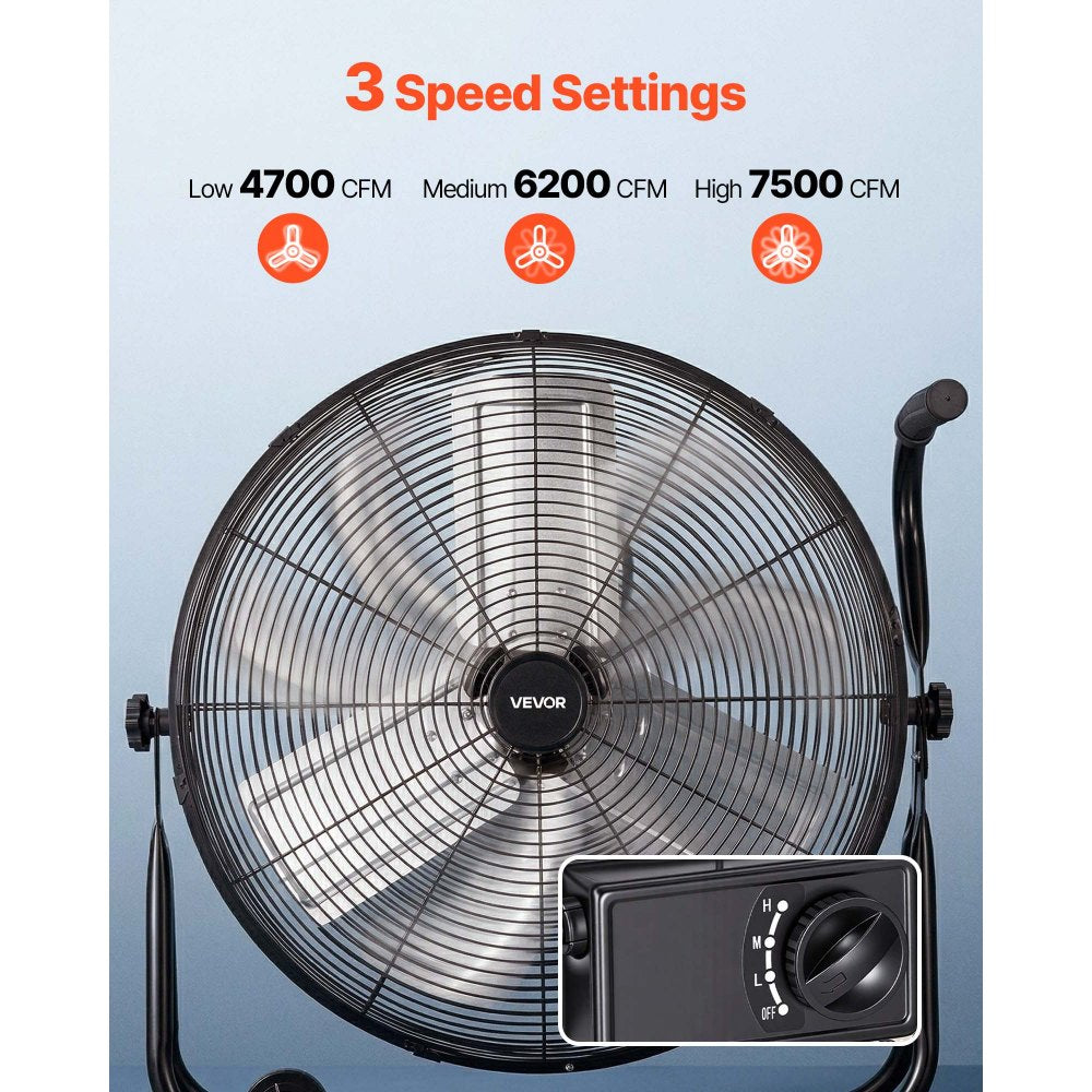 VEVOR Industrial Shop Fan, 24 Inch Floor Drum Fan, High Velocity 7500 CFM, Heavy Duty Aluminum Blades, 3 Speeds, 360 Degree Tilt, Ideal for Commercial, Garage, Warehouse, Basement, Workshop, Black