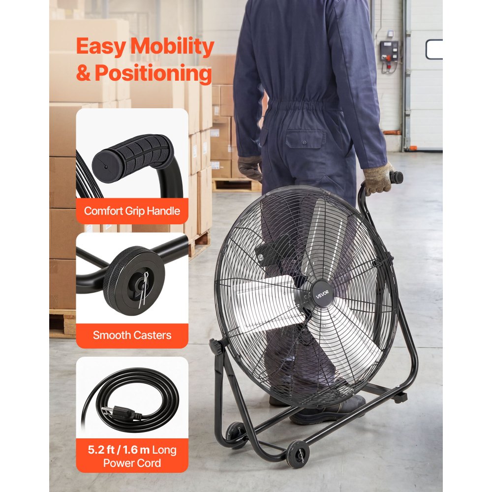 VEVOR Industrial Shop Fan, 24 Inch Floor Drum Fan, High Velocity 7500 CFM, Heavy Duty Aluminum Blades, 3 Speeds, 360 Degree Tilt, Ideal for Commercial, Garage, Warehouse, Basement, Workshop, Black
