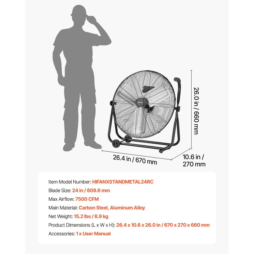 VEVOR Industrial Shop Fan, 24 Inch Floor Drum Fan, High Velocity 7500 CFM, Heavy Duty Aluminum Blades, 3 Speeds, 360 Degree Tilt, Ideal for Commercial, Garage, Warehouse, Basement, Workshop, Black