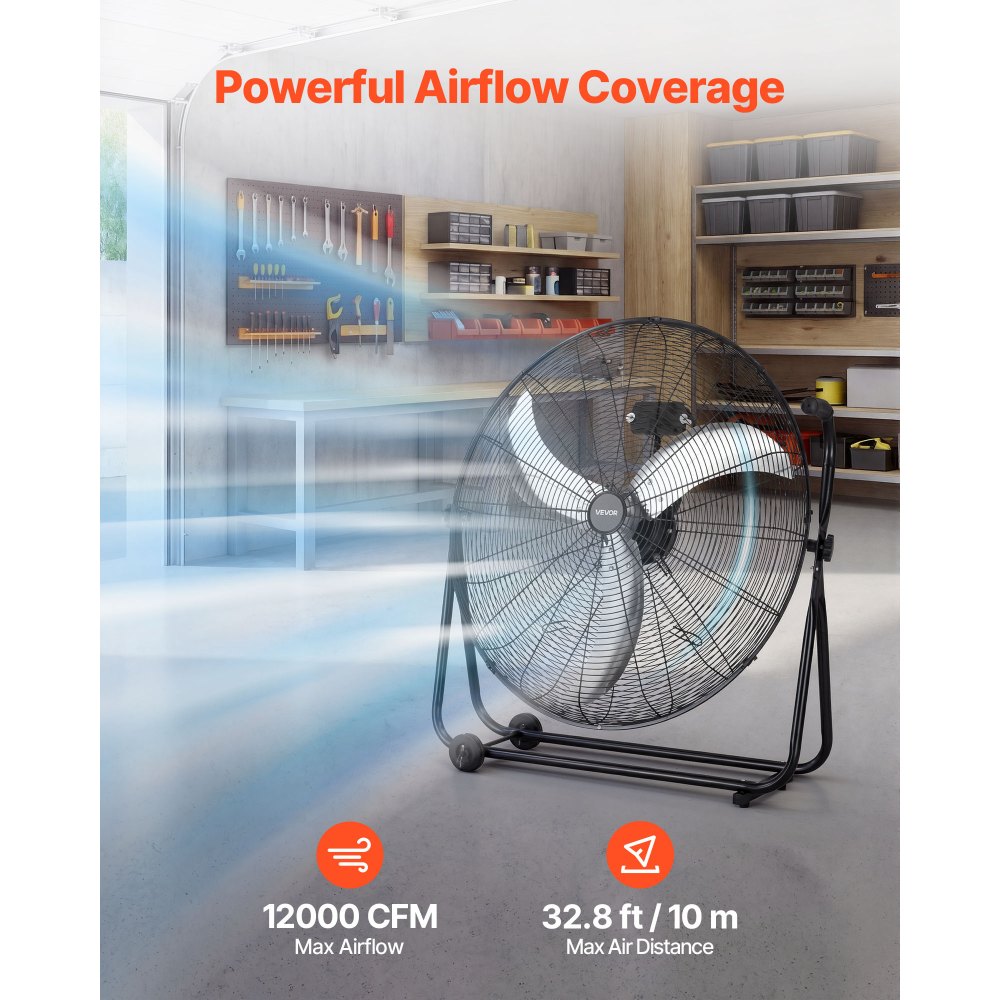 VEVOR Industrial Shop Fan, 30 Inch Floor Drum Fan, High Velocity 12000 CFM, Heavy Duty Aluminum Blades, 3 Speeds, 360 Degree Tilt, Ideal for Commercial, Garage, Warehouse, Basement, Workshop, Black
