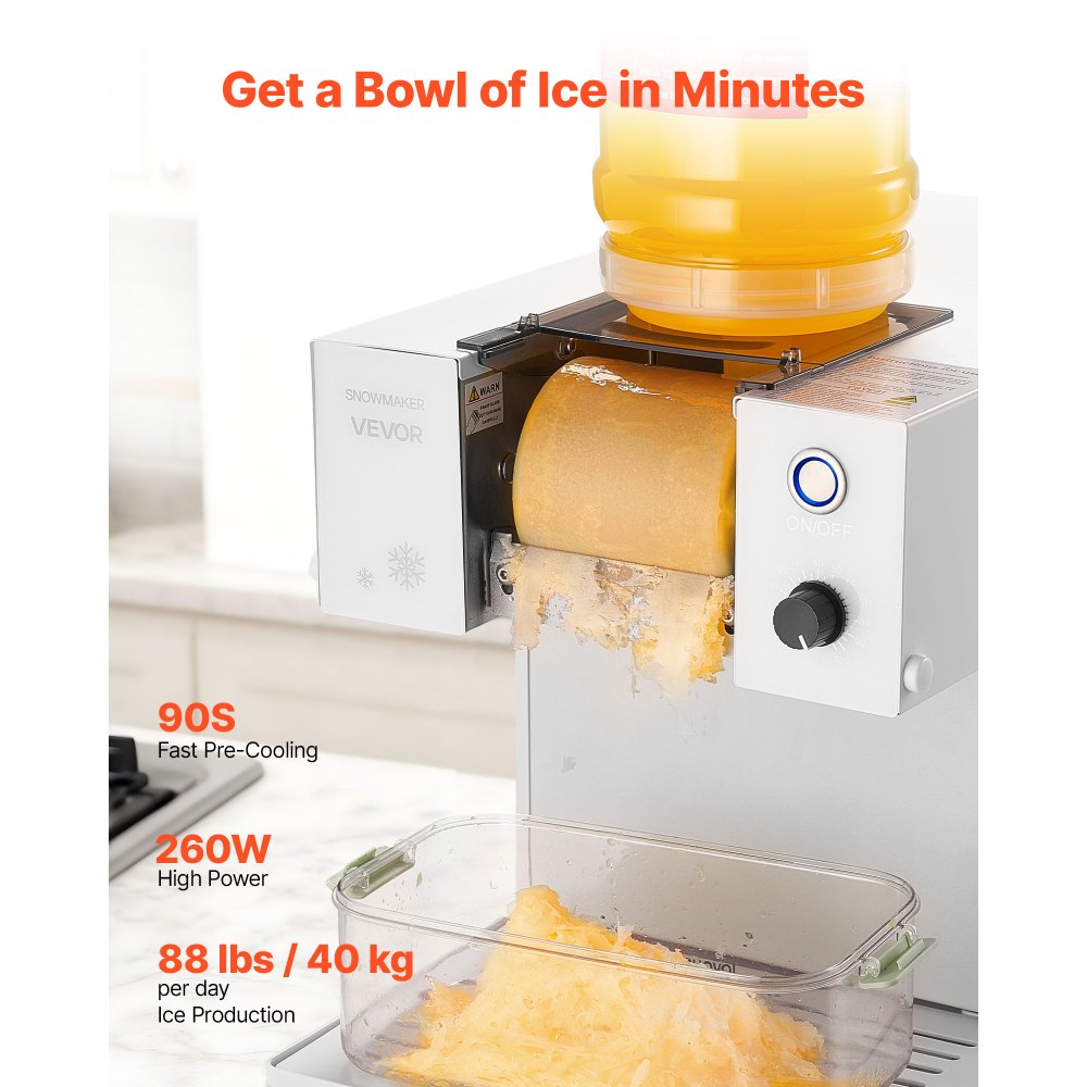 VEVOR Snowflake Ice Machine, 88LBS/24H Snowflake Ice Maker, Ice-Shaver Machine with Stainless Steel Blade, Electric Snow Cone Maker with 0.48 Gal Tank, 90S Fast Pre-Cooling, for Home & Small Gathering