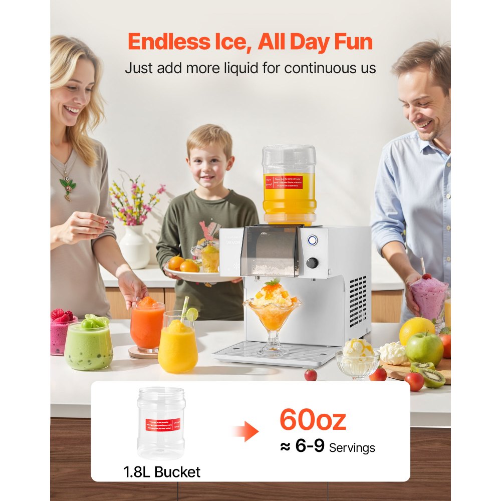 VEVOR Snowflake Ice Machine, 132LBS/24H Snowflake Ice Maker, Ice-Shaver Machine with Stainless Steel Blade, Electric Snow Cone Maker with 0.48Gal Tank, 90S Fast Pre-Cooling, for Home & Small Gathering