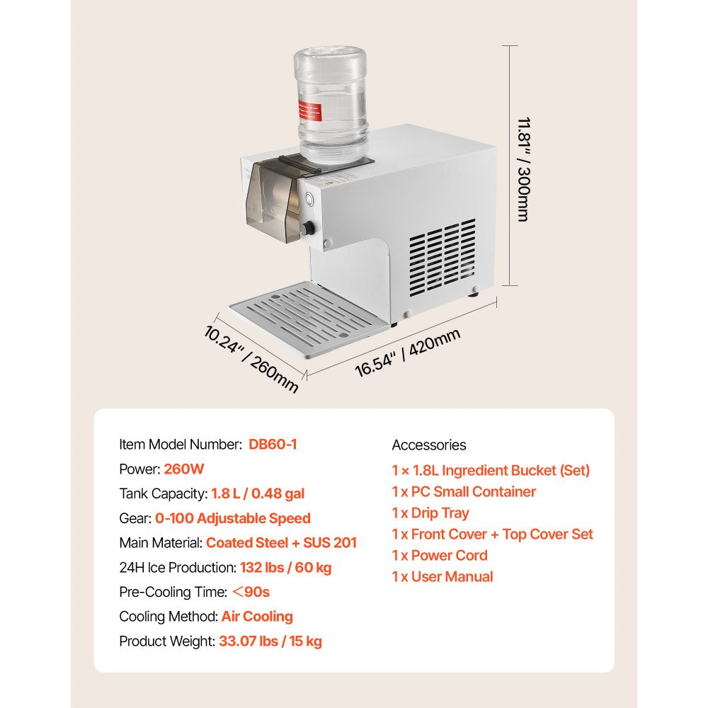 VEVOR Snowflake Ice Machine, 132LBS/24H Snowflake Ice Maker, Ice-Shaver Machine with Stainless Steel Blade, Electric Snow Cone Maker with 0.48Gal Tank, 90S Fast Pre-Cooling, for Home & Small Gathering