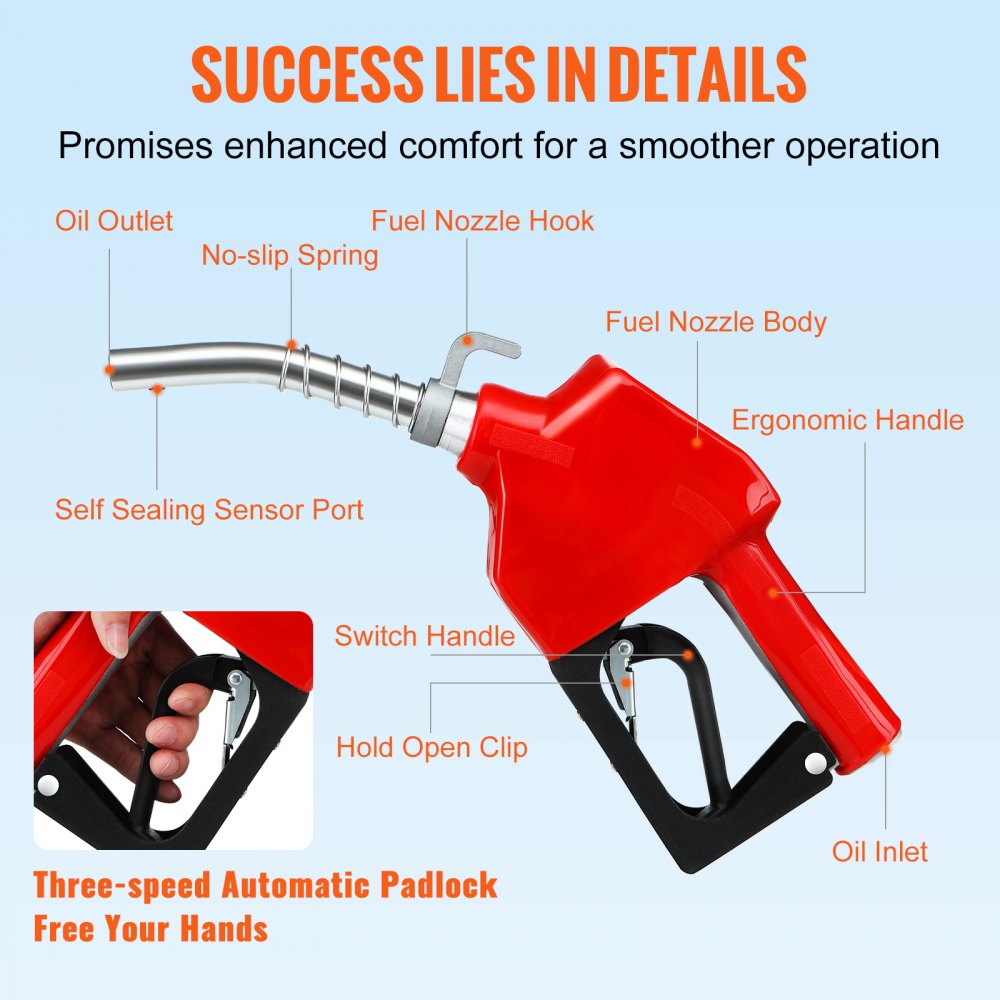 VEVOR Automatic Fuel Nozzle, 3/4" NPT Inlet Thread & 15/16" Spout, 16 GPM Max Flow Rate, Auto Shut Off, Aluminum & PVC Gas Pump Handle with 360° Swivel for Gasoline Diesel Kerosene Biodiesel Refilling