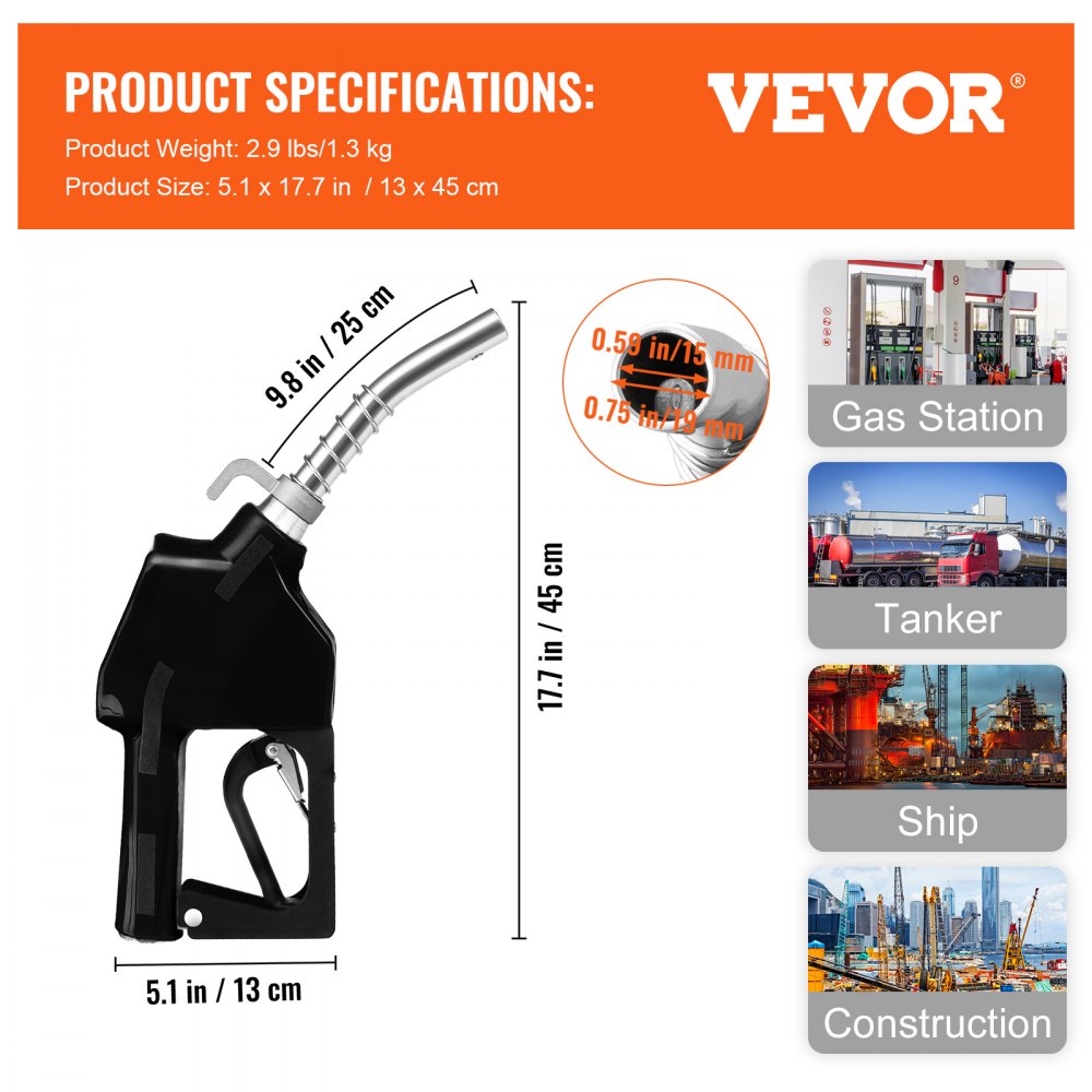 VEVOR Automatic Fuel Nozzle, 3/4" NPT Inlet Thread & 13/16" Spout, 11 GPM Max Flow Rate, Auto Shut Off, Aluminum & PVC Gas Pump Handle with 360° Swivel for Gasoline Diesel Kerosene Biodiesel Refilling
