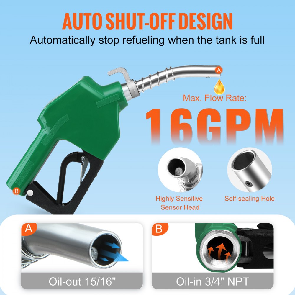 VEVOR Automatic Fuel Nozzle, 3/4" NPT Inlet Thread & 15/16" Spout, 16 GPM Max Flow Rate, Auto Shut Off, Aluminum & PVC Gas Pump Handle with 360° Swivel for Gasoline Diesel Kerosene Biodiesel Refilling