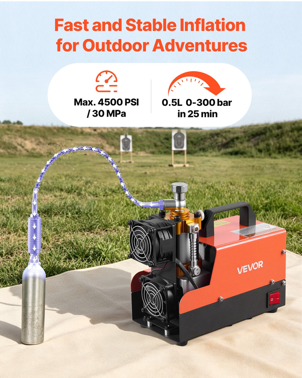 VEVOR PCP Air Compressor 4500PSI PCP Airgun Compressor & External Converter, Manual Stop 250W DC12V/AC120V Portable Paintball Tank Compressors for Air Rifle, Scuba Diving Bottle
