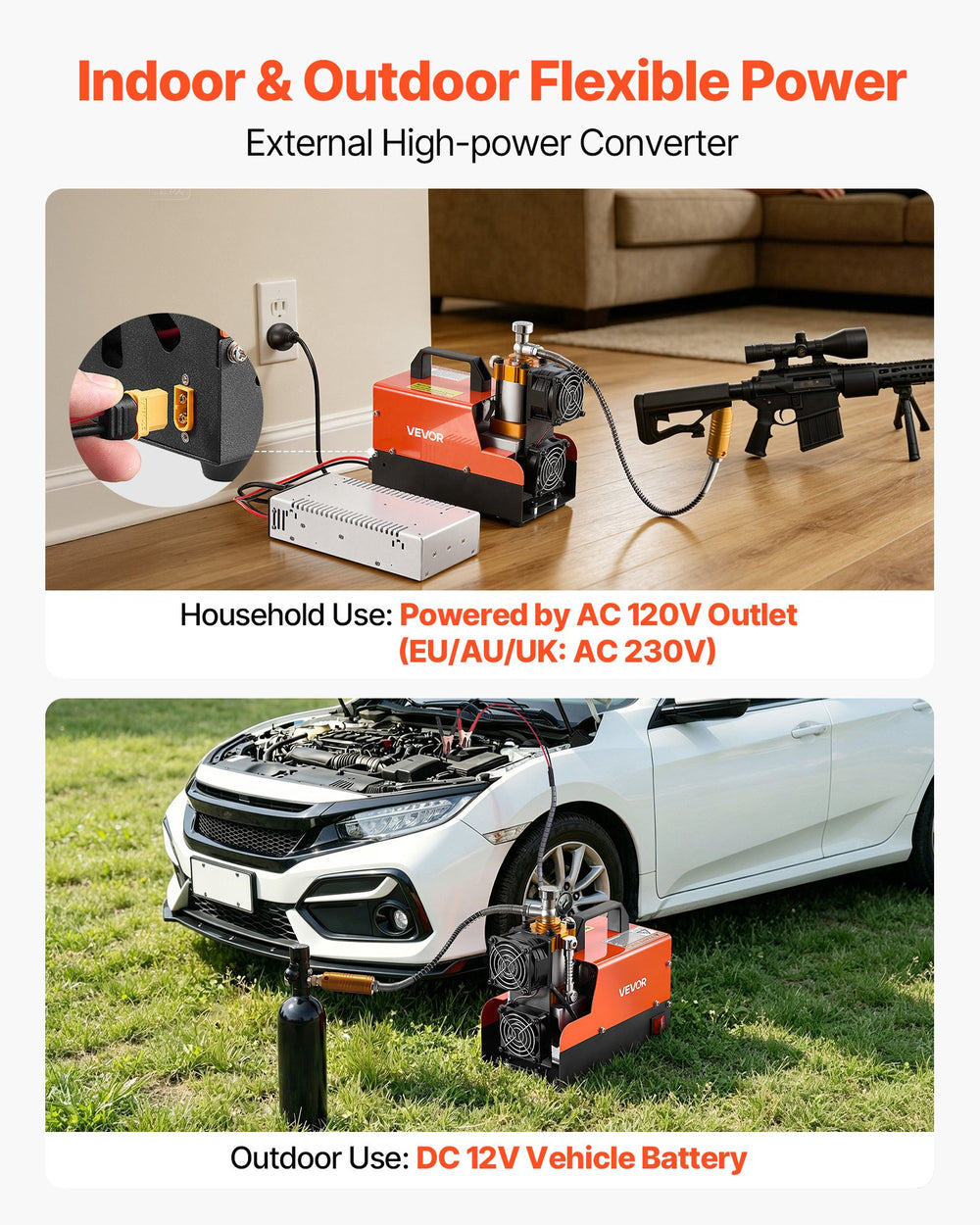 VEVOR PCP Air Compressor 4500PSI PCP Airgun Compressor & External Converter, Manual Stop 250W DC12V/AC120V Portable Paintball Tank Compressors for Air Rifle, Scuba Diving Bottle