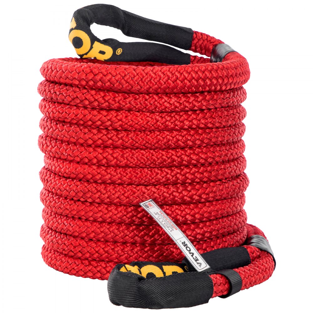 VEVOR 1\" x 31.5\' Recovery Tow Rope, 33,500 lbs, Heavy Duty Nylon Double Braided Kinetic Energy Rope with Loops and Protective Sleeves, for Truck Off-Road Vehicle ATV UTV, Carry Bag Included, Red