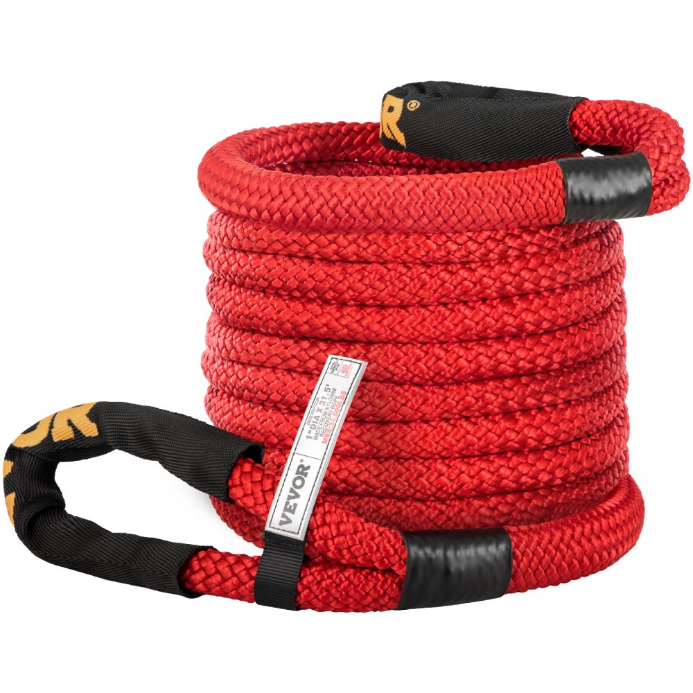 VEVOR 1\" x 31.5\' Recovery Tow Rope, 33,500 lbs, Heavy Duty Nylon Double Braided Kinetic Energy Rope with Loops and Protective Sleeves, for Truck Off-Road Vehicle ATV UTV, Carry Bag Included, Red