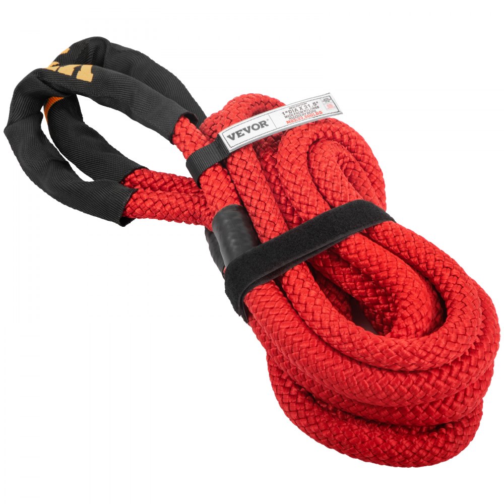 VEVOR 1\" x 31.5\' Recovery Tow Rope, 33,500 lbs, Heavy Duty Nylon Double Braided Kinetic Energy Rope with Loops and Protective Sleeves, for Truck Off-Road Vehicle ATV UTV, Carry Bag Included, Red