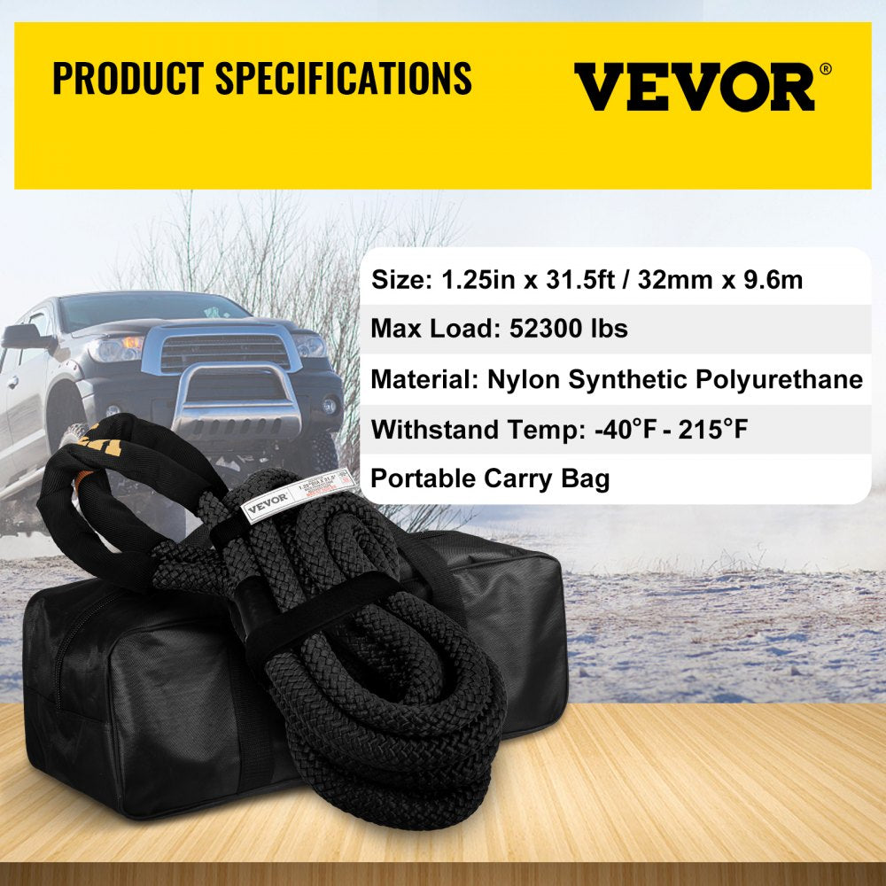 VEVOR 1-1/4\" x 31.5\' Kinetic Recovery & Tow Rope, 52,300 lbs, Heavy Duty Nylon Double Braided Kinetic Energy Rope, for Truck Off-Road Vehicle ATV UTV, Carry Bag Included, Black