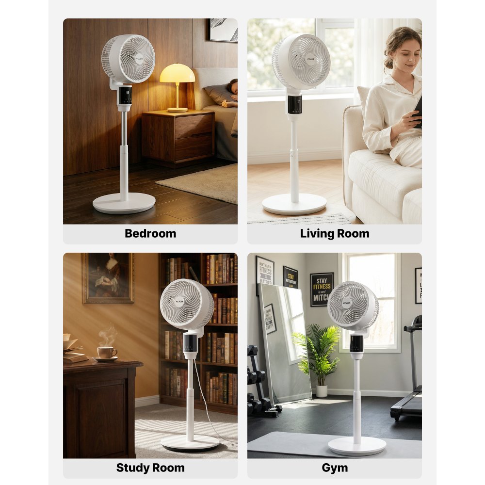 VEVOR 9-Inch Pedestal Fan, 80° Oscillating Standing Floor Fan with Quite DC Motor, Remote Control, 9 Speeds & 4 Smart Modes, 24H Timer, Adjustable Height, for Home, Bedroom, Living Room, White