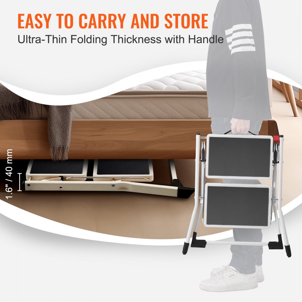 VEVOR Step Ladder 2-Step 330lbs Capacity, Ergonomic Folding Steel Step Stool with Wide Anti-Slip Pedal, Sturdy Step Stool for Adults Toddlers, Multi-Use for Household, Kitchen, Office, RVs