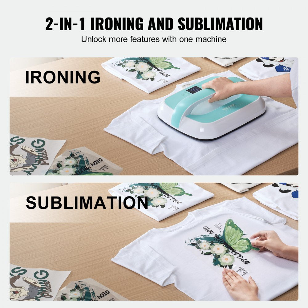 VEVOR Heat Press Machine, 12 x 10 inches Portable Heat Press, Dual-Tube Even Heating, Heat Transfer Machine with Precise Temp Control and Auto-Off, Sublimation Machine for T-shirts/Bags, Green+White