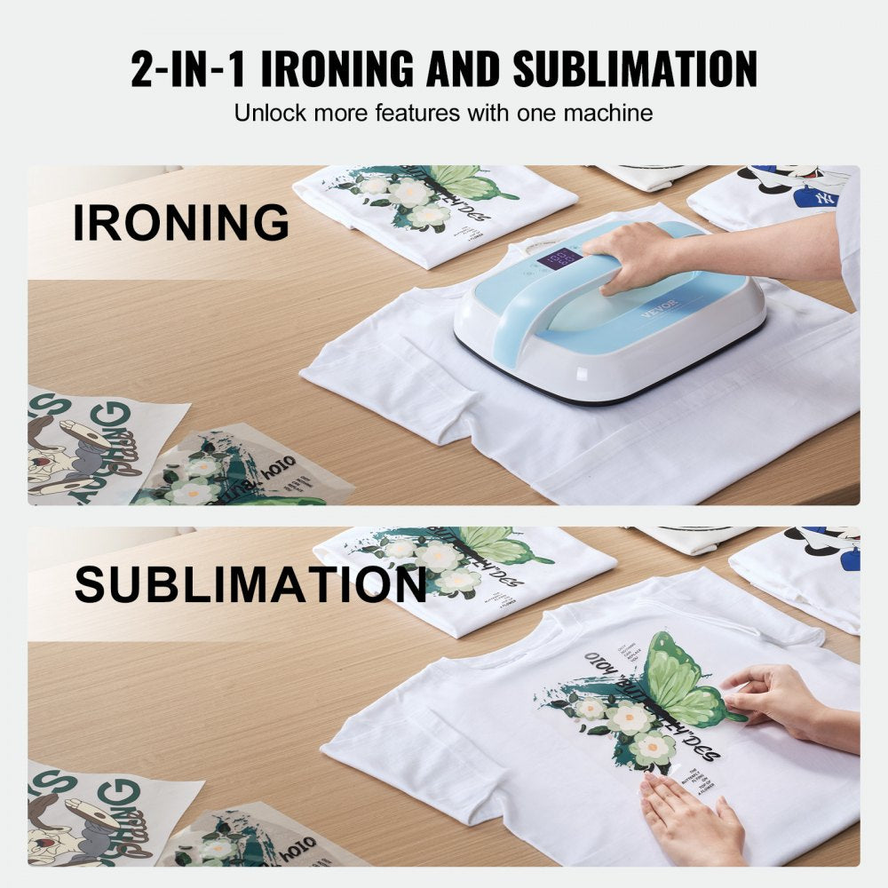 VEVOR Heat Press Machine, 12 x 10 inches Portable Heat Press, Dual-Tube Even Heating, Heat Transfer Machine with Precise Temp Control and Auto-Off, Sublimation Machine for T-shirts/Bags, Blue+White