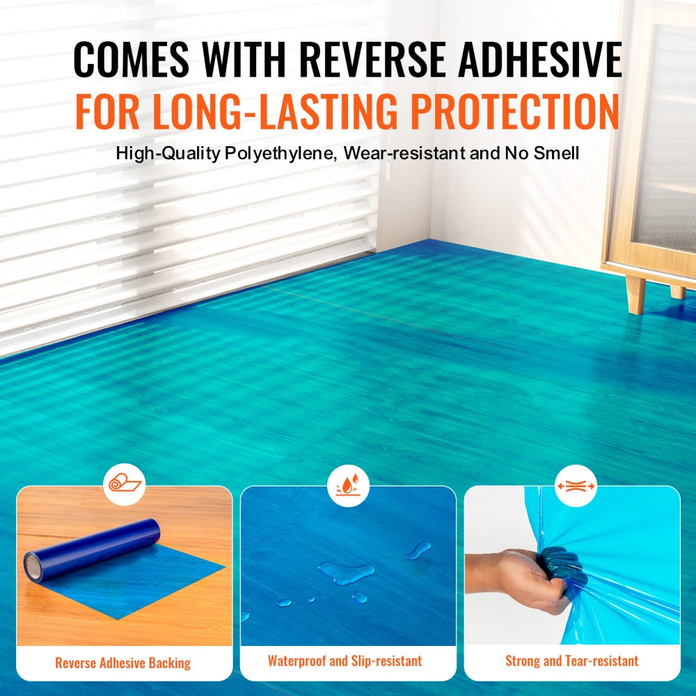 VEVOR Carpet Protection Film, 24" x 200' Floor and Surface Shield with Self Adhesive Backing & Easy Installation, Polyethylene Adhesive Car Mat Protector Roll for Construction Renovation, Blue