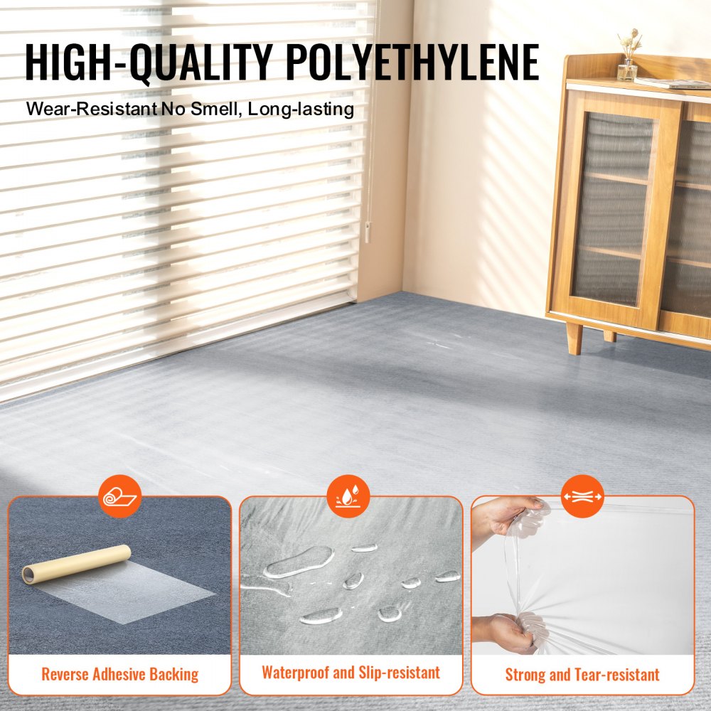 VEVOR Carpet Protection Film, 36" x 200' Floor and Surface Shield with Self Adhesive Backing & Easy Installation, Polyethylene Adhesive Car Mat Protector Roll for Construction & Renovation