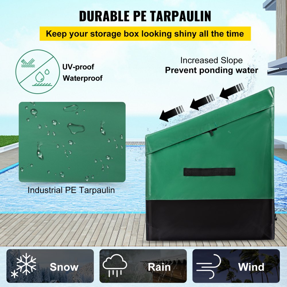 VEVOR Outdoor Storage Box, 100 Gallon Waterproof PE Tarpaulin Deck Box with Galvanized Frame, All-Weather Protection & Portable, for Camping, Garden, Poolside, and Yard, Brown & Blue
