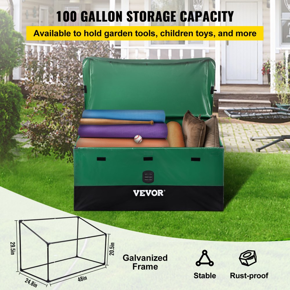 VEVOR Outdoor Storage Box, 100 Gallon Waterproof PE Tarpaulin Deck Box with Galvanized Frame, All-Weather Protection & Portable, for Camping, Garden, Poolside, and Yard, Brown & Blue