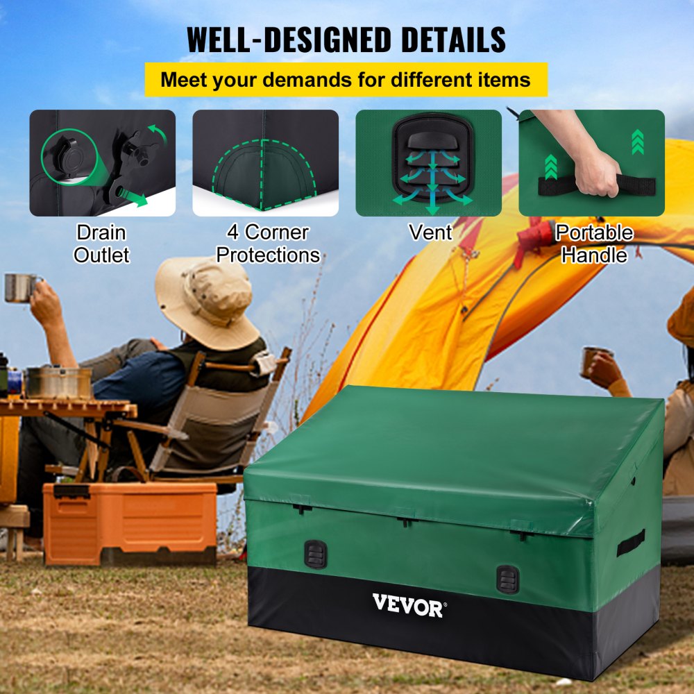 VEOVR Outdoor Storage Box, 150 Gallon Waterproof PE Tarpaulin Deck Box with Galvanized Frame, All-Weather Protection & Portable, for Camping, Garden, Poolside, and Yard, Brown & Blue