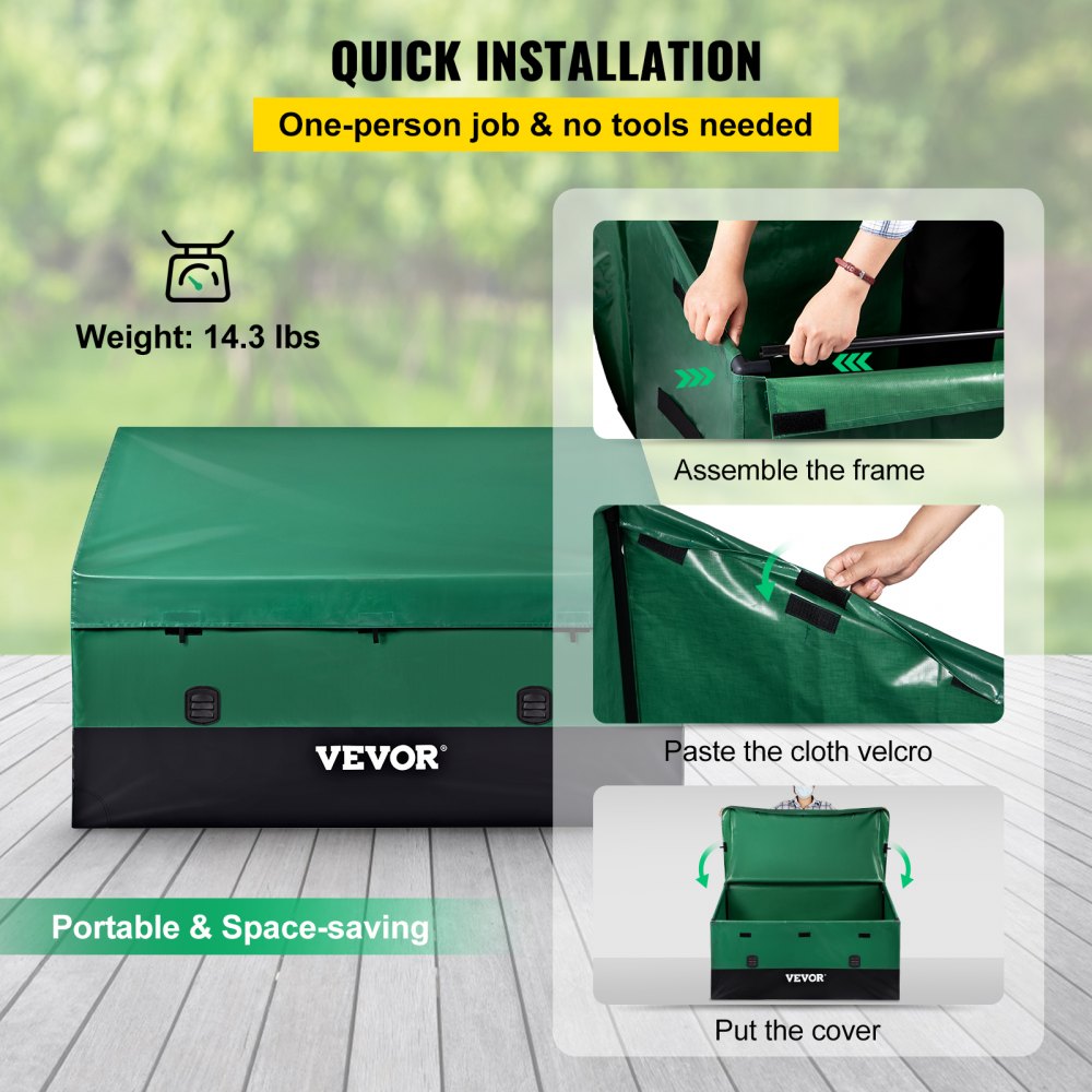 VEOVR Outdoor Storage Box, 150 Gallon Waterproof PE Tarpaulin Deck Box with Galvanized Frame, All-Weather Protection & Portable, for Camping, Garden, Poolside, and Yard, Brown & Blue