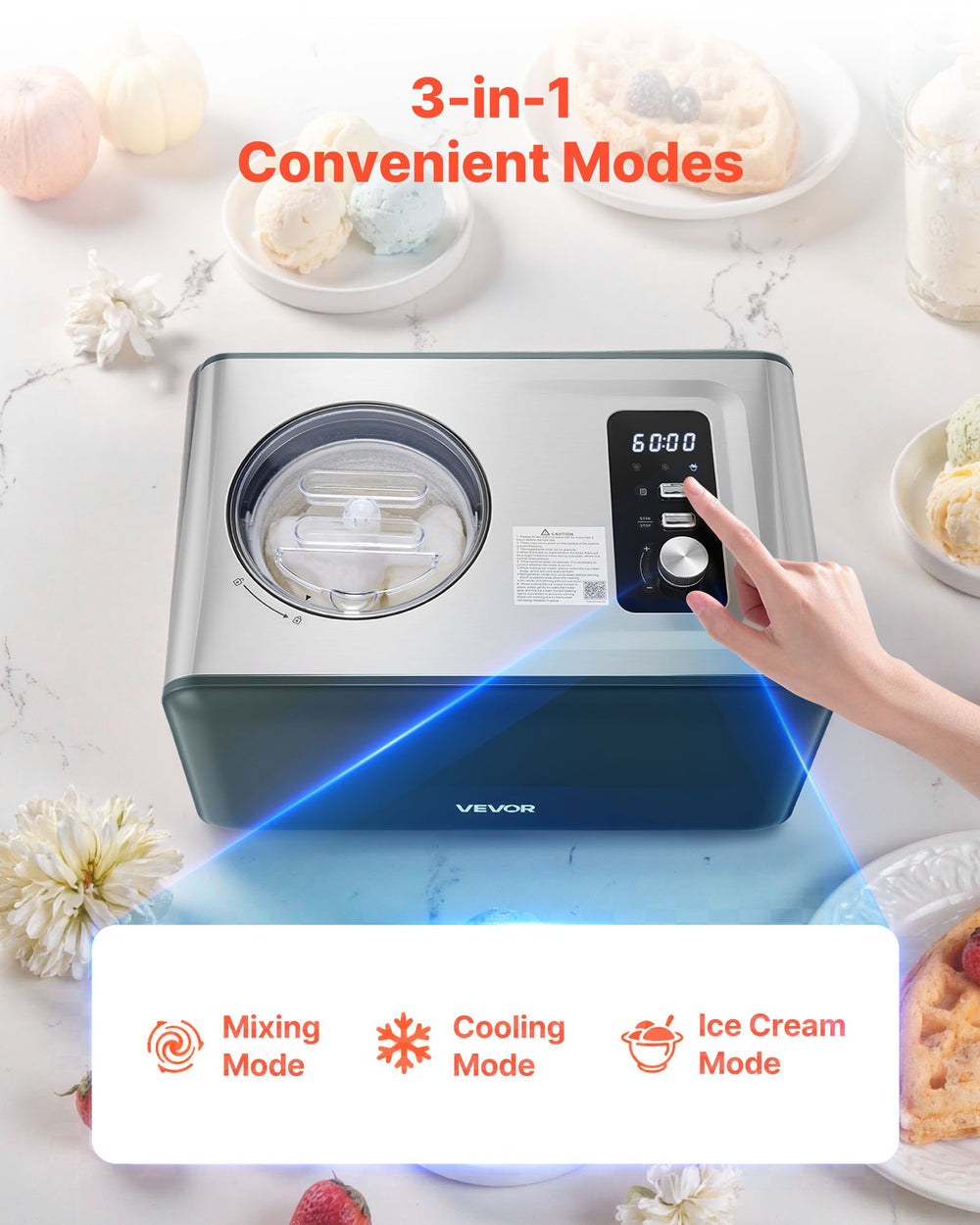 VEVOR Automatic Ice Cream Maker with Built-in Compressor, 1.5 Quart No Pre-freezing Gelato Maker, Electric Sorbet-Maker, 3 Modes Compressor Ice Cream Machine for Home Kitchen