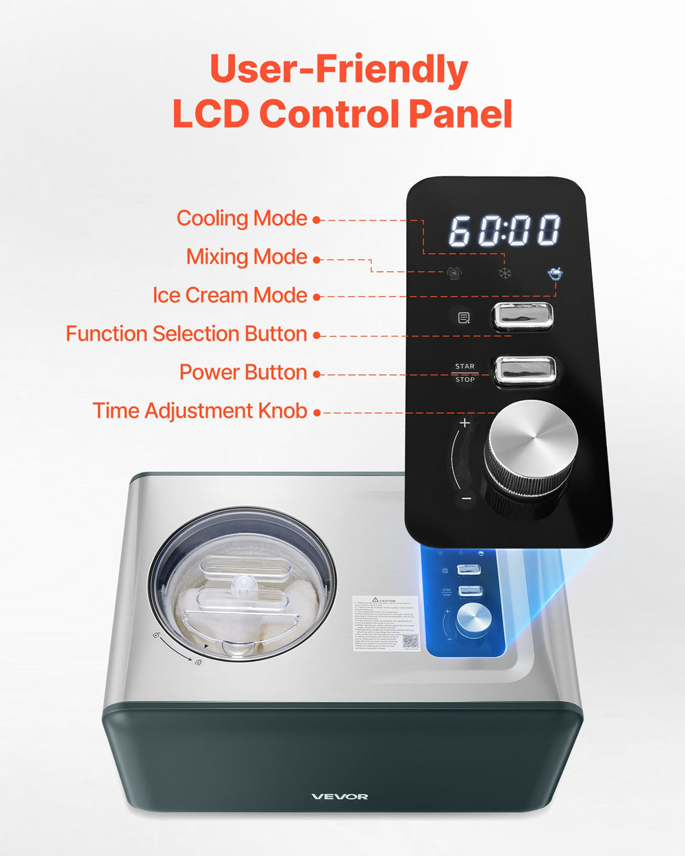 VEVOR Automatic Ice Cream Maker with Built-in Compressor, 1.5 Quart No Pre-freezing Gelato Maker, Electric Sorbet-Maker, 3 Modes Compressor Ice Cream Machine for Home Kitchen