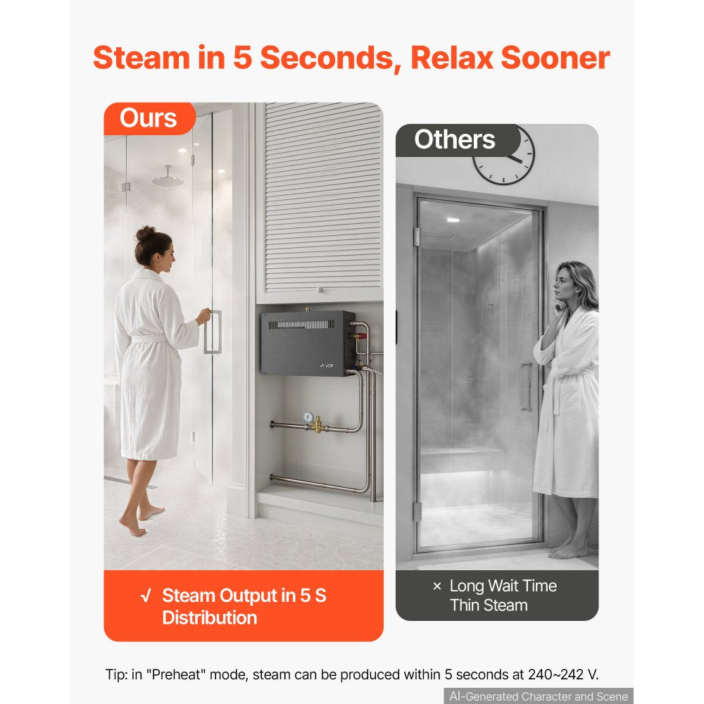 VEVOR Steam Generator, 11 kW Home Steam Shower System with Preheat Mode, For Bathrooms, Sauna Rooms, Spa, Direct Water Connection, Touch Control, Auto Fill & Drain, 77-131°F, 24H Timer, 247-388 ft³