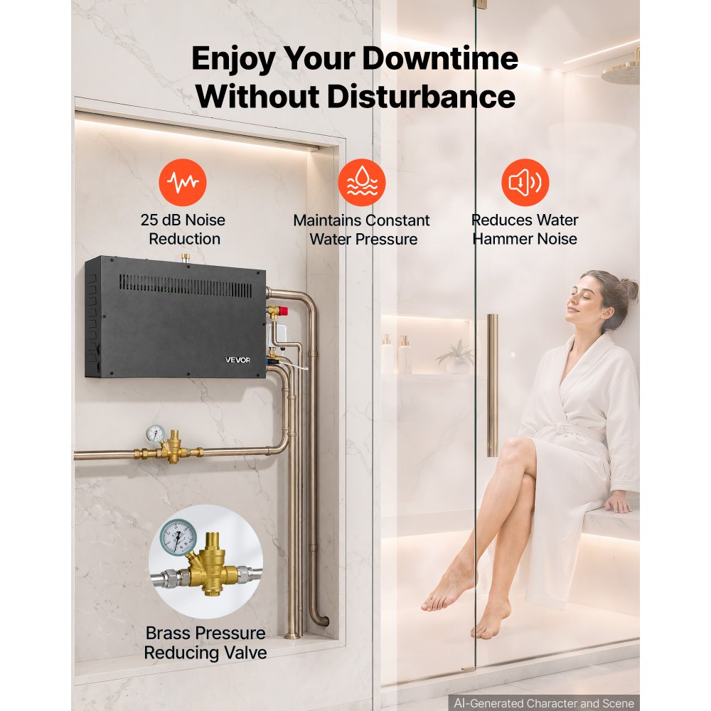 VEVOR Steam Generator, 6 kW Home Steam Shower System with Preheat Mode, For Small Bathrooms & Sauna Rooms, Direct Water Connection, Touch Control, Auto Fill & Drain, 77-131°F, 24H Timer, 141-212ft³