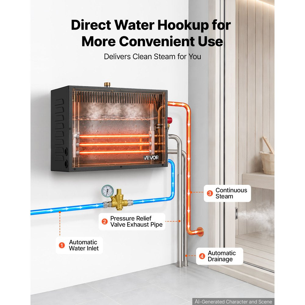 VEVOR Steam Generator, 6 kW Home Steam Shower System with Preheat Mode, For Small Bathrooms & Sauna Rooms, Direct Water Connection, Touch Control, Auto Fill & Drain, 77-131°F, 24H Timer, 141-212ft³
