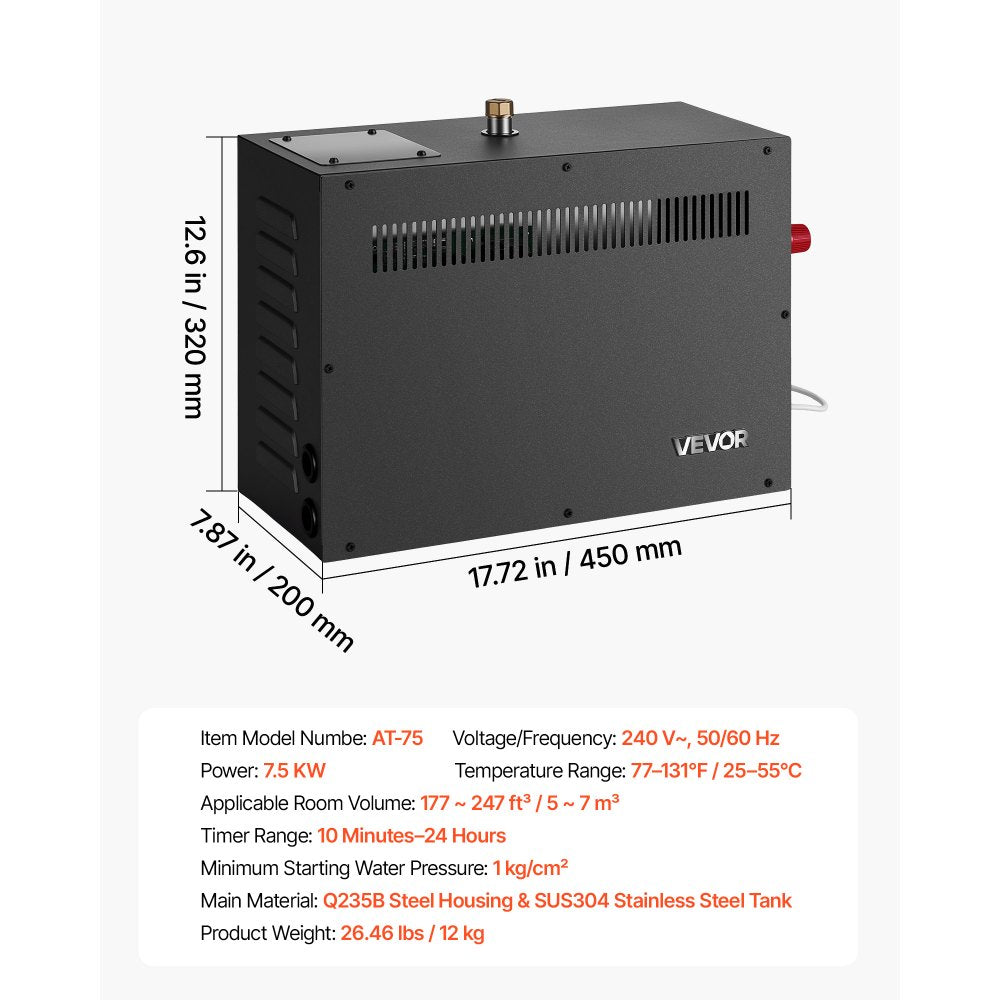 VEVOR Steam Generator, 7.5 kW Home Steam Shower System with Preheat Mode, For Bathrooms, Sauna Rooms, Spa, Direct Water Connection, Touch Control, Auto Fill & Drain, 77-131°F, 24H Timer, 177-247 ft³
