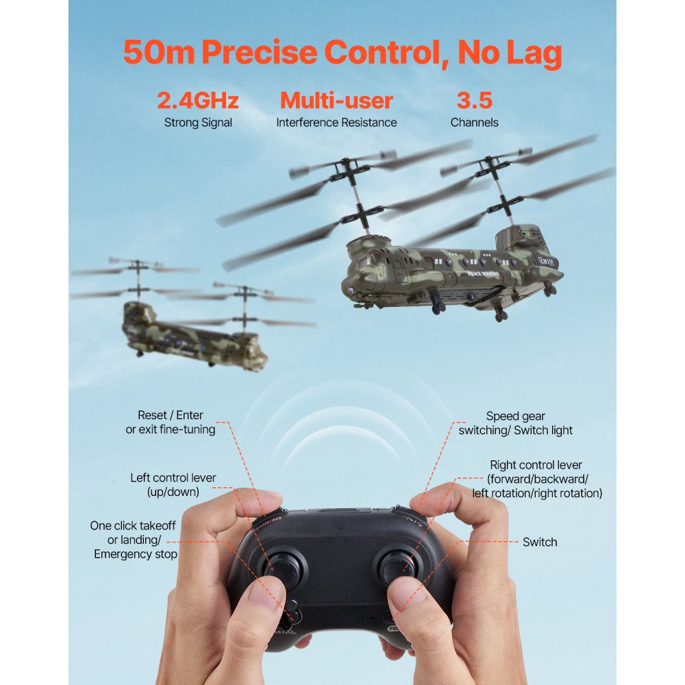 VEVOR RC Helicopter, 2.4GHz Military Remote Control Helicopter, 3.5 Channel RC Airplane for Kid, 20 Mins Flight Time, One-Key Takeoff/Landing & LED Lights, Flying Plane Toys for Kids Ages 8 and up