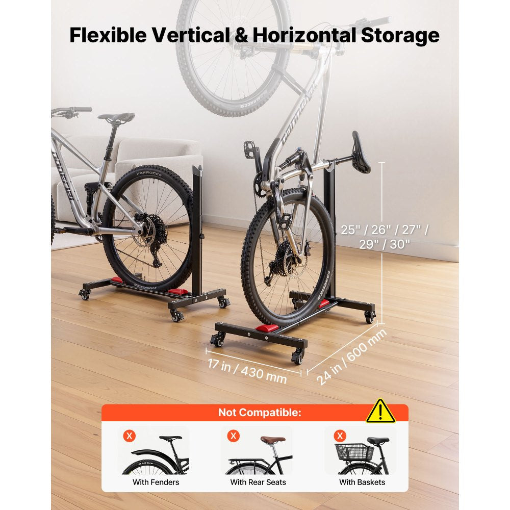 VEVOR Bike Stand 2 Pack, Freestanding Vertical & Horizontal Bike Storage Rack, with Lockable Casters, Height Adjustable Carbon Steel Upright Garage Bicycle Floor Stand, for 20-29 in Wheels, Black