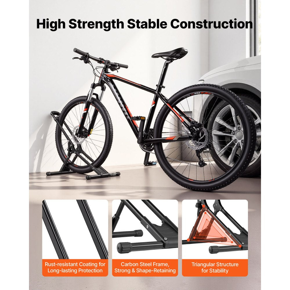 VEVOR Bike Stand, Foldable Freestanding Bike Storage Rack, Carbon Steel Garage Bicycle Floor Stand, Fits 20-29 in Wheel Diameters, Drill-Free Installation, Ideal for Garage, Apartment, Home, Black