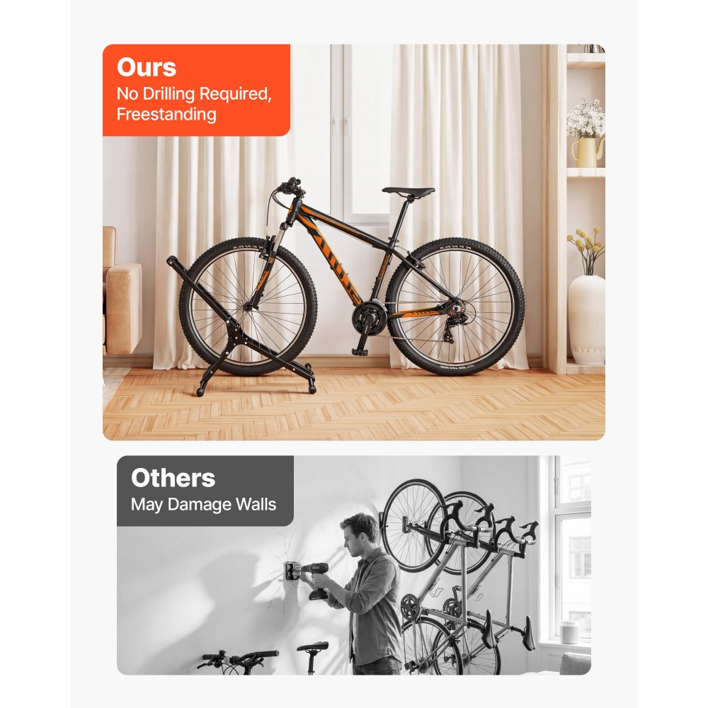 VEVOR Bike Stand 2 Pack, Foldable Freestanding Bike Storage Rack, Carbon Steel Garage Bicycle Floor Stand, Fits 20-29 in Wheel Diameters, Drill-Free Installation, for Garage, Apartment, Home, Black