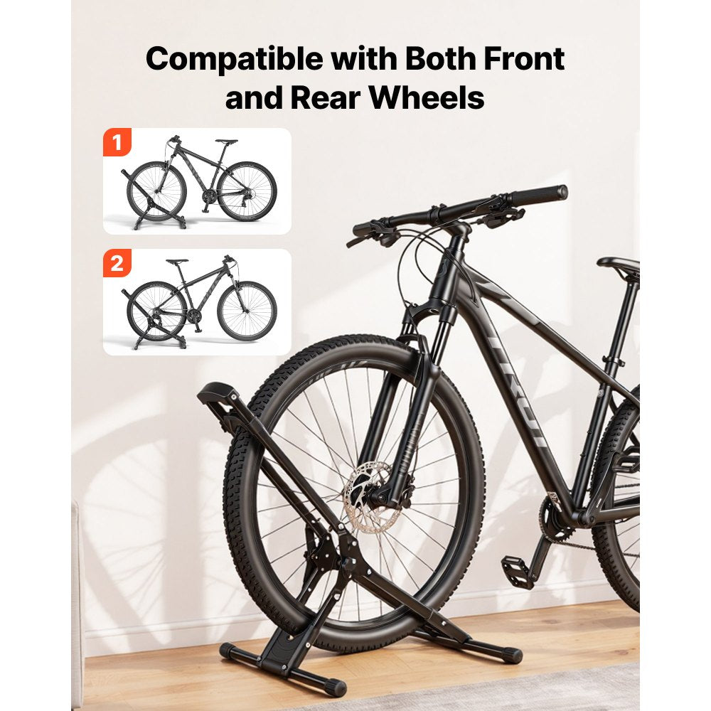 VEVOR Bike Stand 2 Pack, Foldable Freestanding Bike Storage Rack, Carbon Steel Garage Bicycle Floor Stand, Fits 20-29 in Wheel Diameters, Drill-Free Installation, for Garage, Apartment, Home, Black