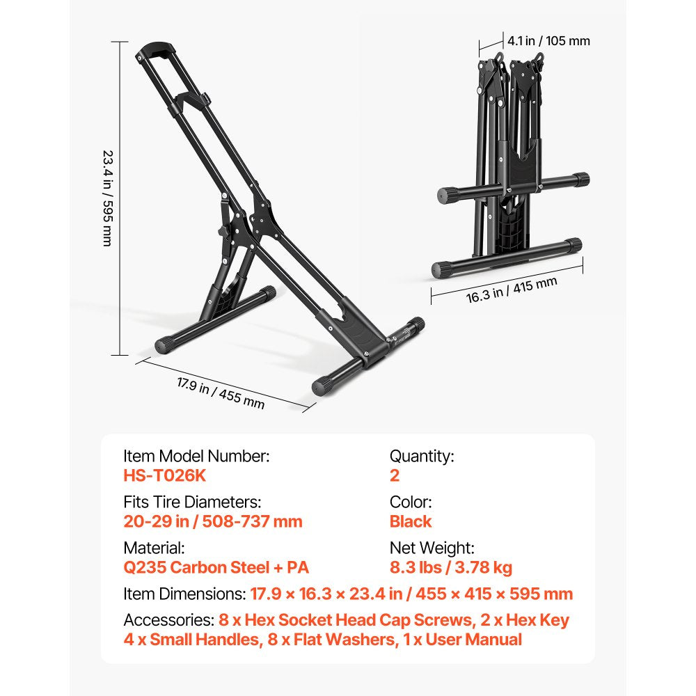 VEVOR Bike Stand 2 Pack, Foldable Freestanding Bike Storage Rack, Carbon Steel Garage Bicycle Floor Stand, Fits 20-29 in Wheel Diameters, Drill-Free Installation, for Garage, Apartment, Home, Black