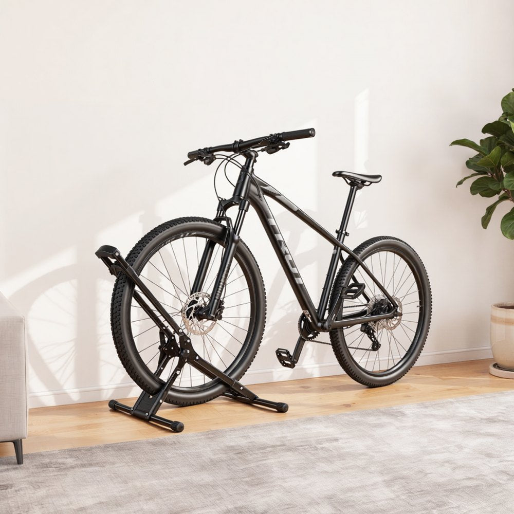 VEVOR Bike Stand 2 Pack, Foldable Freestanding Bike Storage Rack, Carbon Steel Garage Bicycle Floor Stand, Fits 20-29 in Wheel Diameters, Drill-Free Installation, for Garage, Apartment, Home, Black